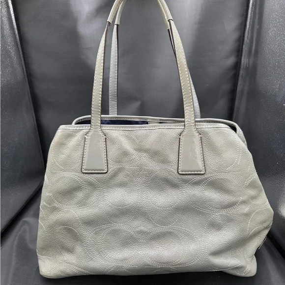 Coach Signature Gray Leather Kisslock Tote Bag - Picture 3 of 11